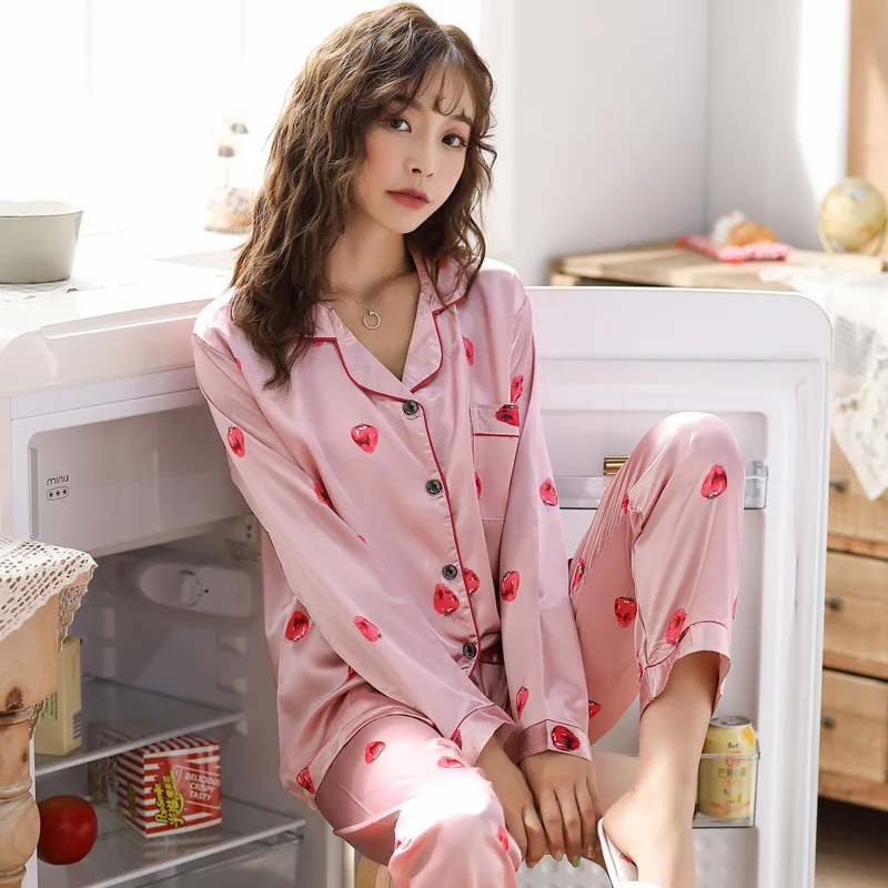 Autumn Women Pajamas Silk Satin Long Sleeve Trousers Two Piece Pyjamas Pajama Sets Sleepwear Turn Down Collars Female Loungewear