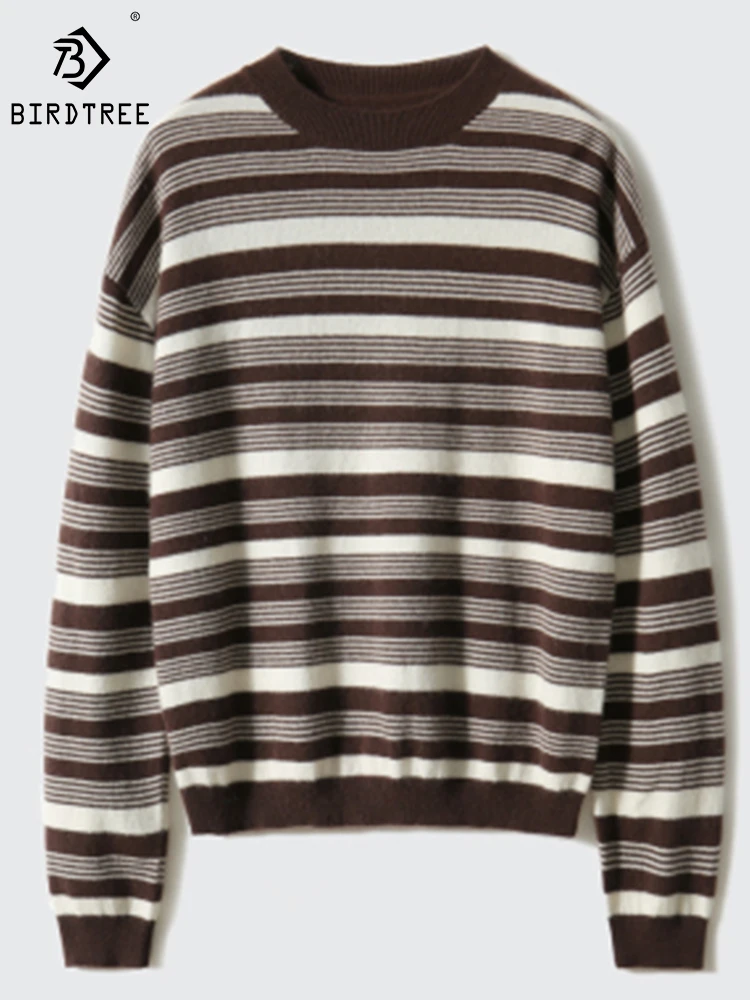 

Свитер-пуловер из 100% кашемира с воротником-стойкой и длинными рукавами в винтажном стиле в полоску; Универсальная вязаная одежда T30503QD