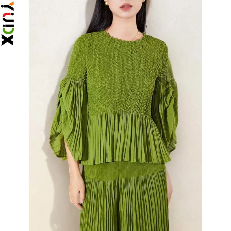 Женская плиссированная блузка YUDX Miyake однотонный модный топ с круглым вырезом