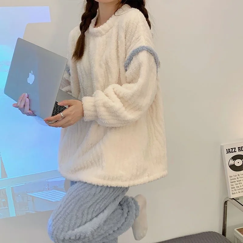 Флисовый фланелевой зимний пижамный комплект коралловый бархат женская теплая