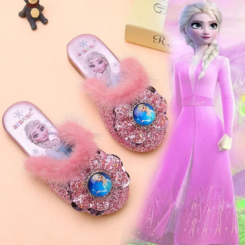 Детские меховые тапочки для девочек Disney зимние дома и улицы Эльза Мультяшные с
