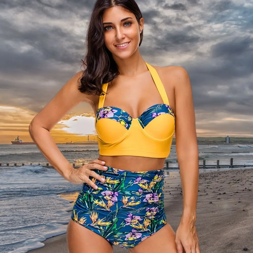 Women's Push Up Bright Yellow Tummy Control Bikini Blue Floral High Waist Pants Swimsuit Elegant Beachwear