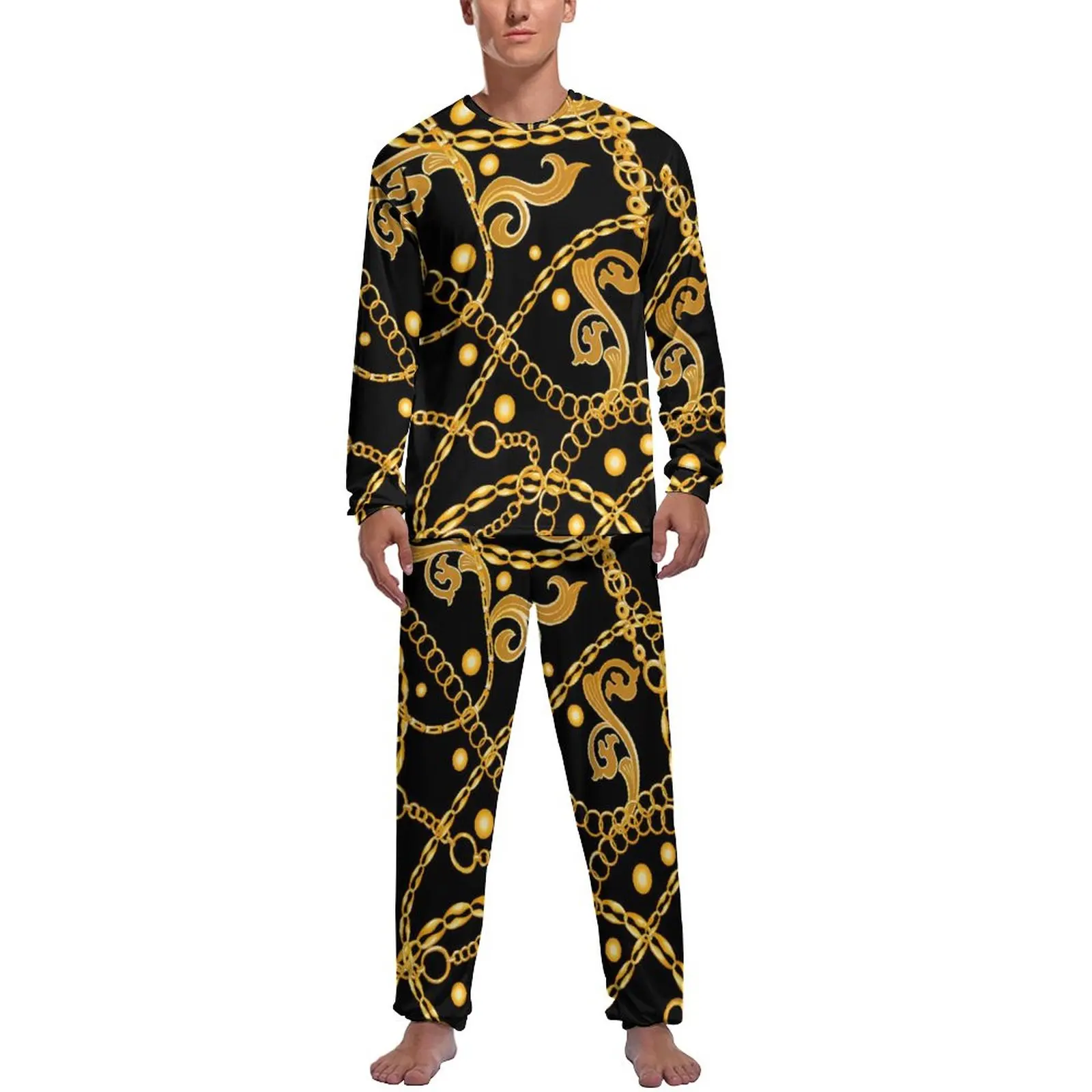 

Golden Chain Pajamas Spring Vintage Print Home Sleepwear Men Two Piece Printed Long Sleeve Lovely Pajamas Set
