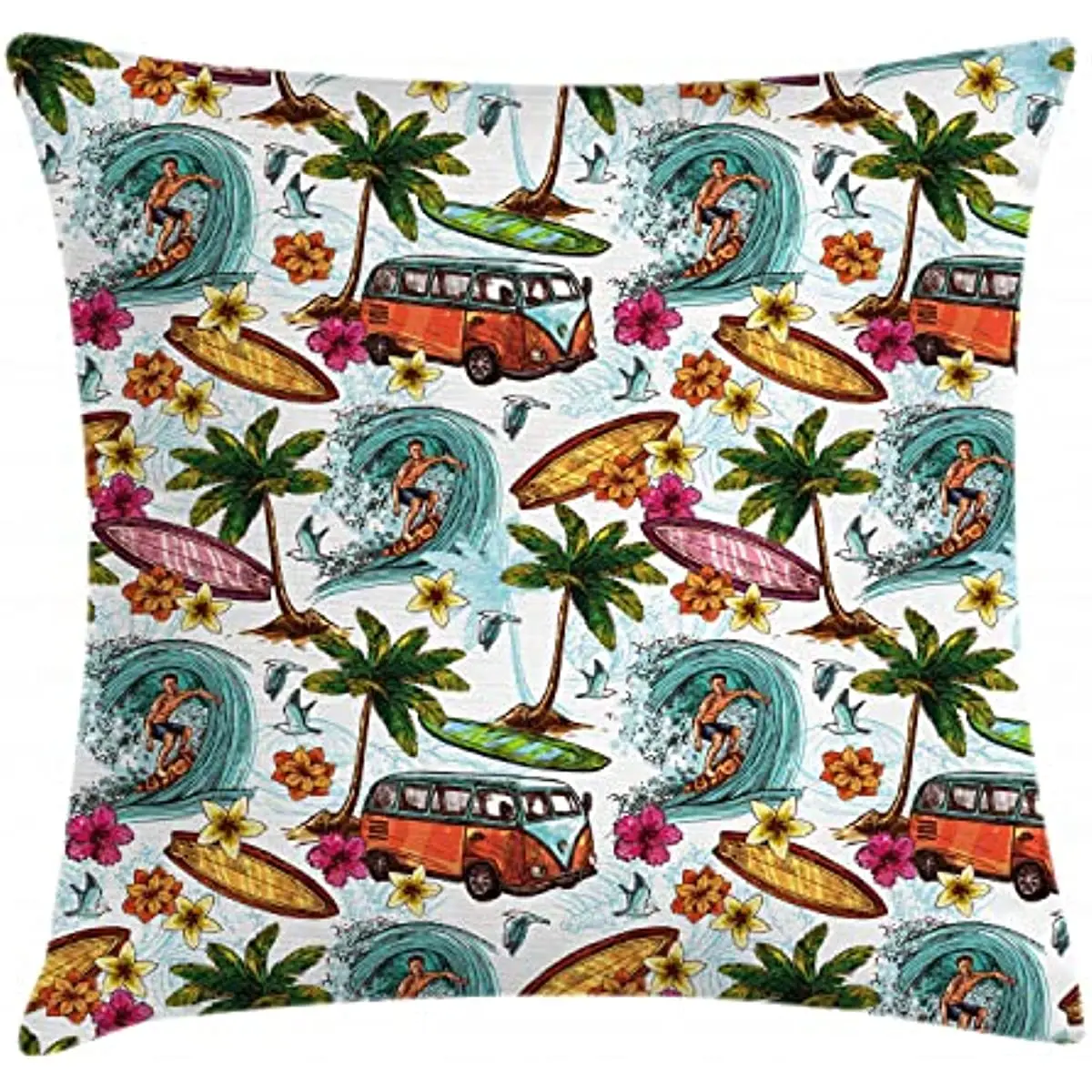 

Ocean Throw Pillow Cushion Cover, Hawaiian Surfer on Wavy Deep Sea Retro Style Palm Trees Flowers Surf Boards Print Decorative