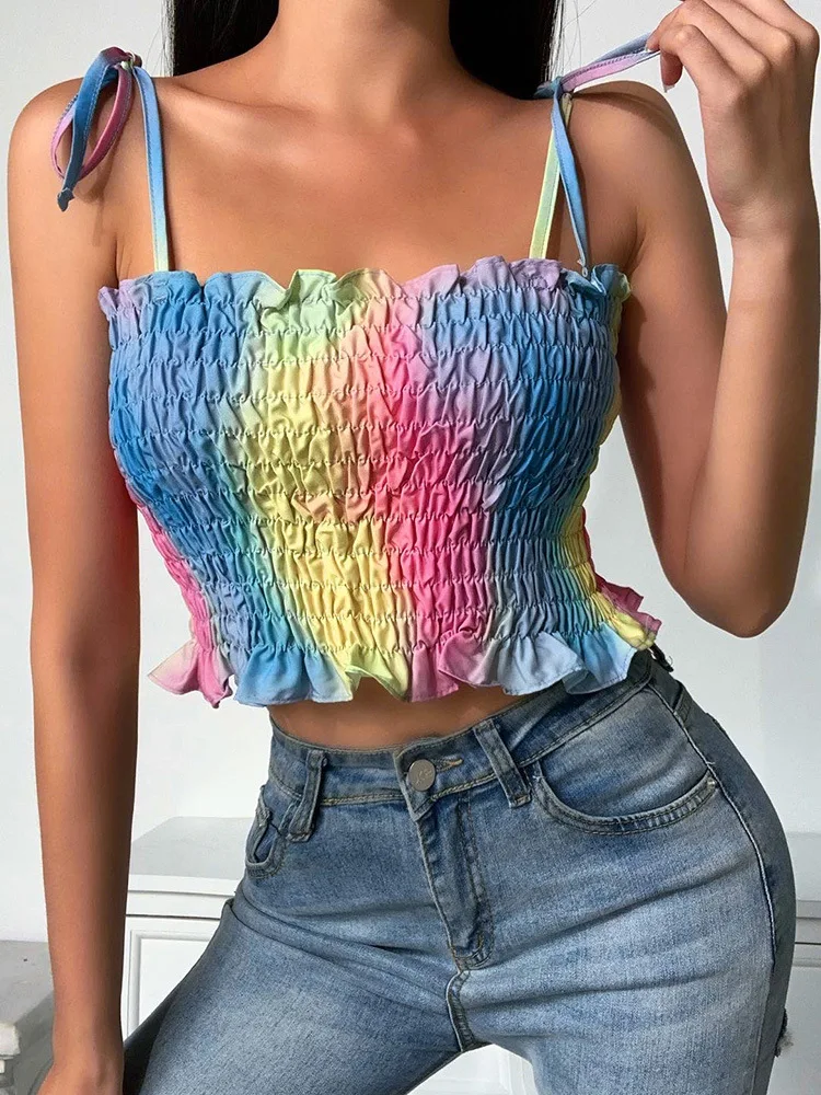 

2021 Spring Summer Women Elegant Casual Camis Y2k Multicolour Sexy Sleeveless Tie Dye Crop Tops All-Match Party Tank Tops Ladies