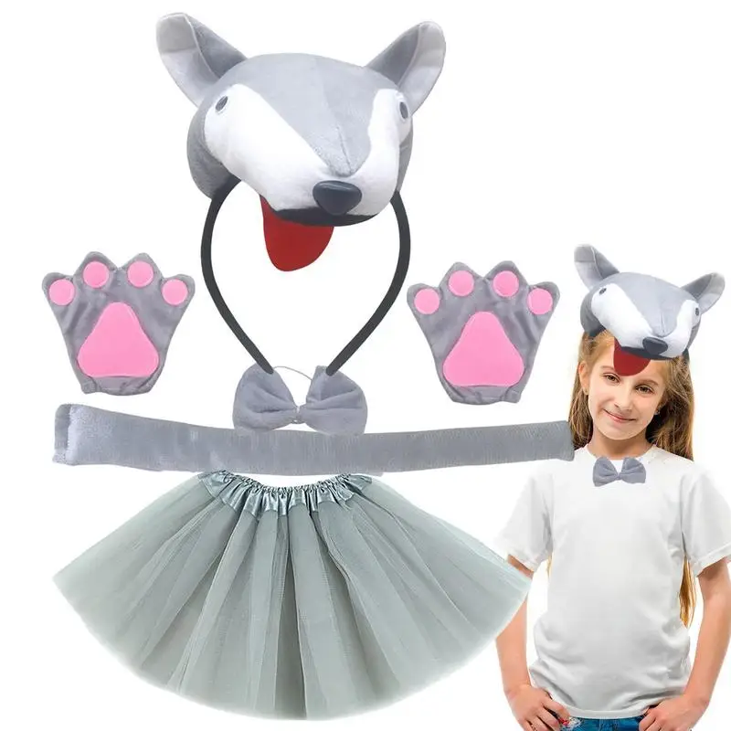 

Animal Ears And Tail Set Grey Wolf Halloween Fancy Dress Up Costume Headband Bow Tie Tail Tutu Skirt Gloves Birthday Props