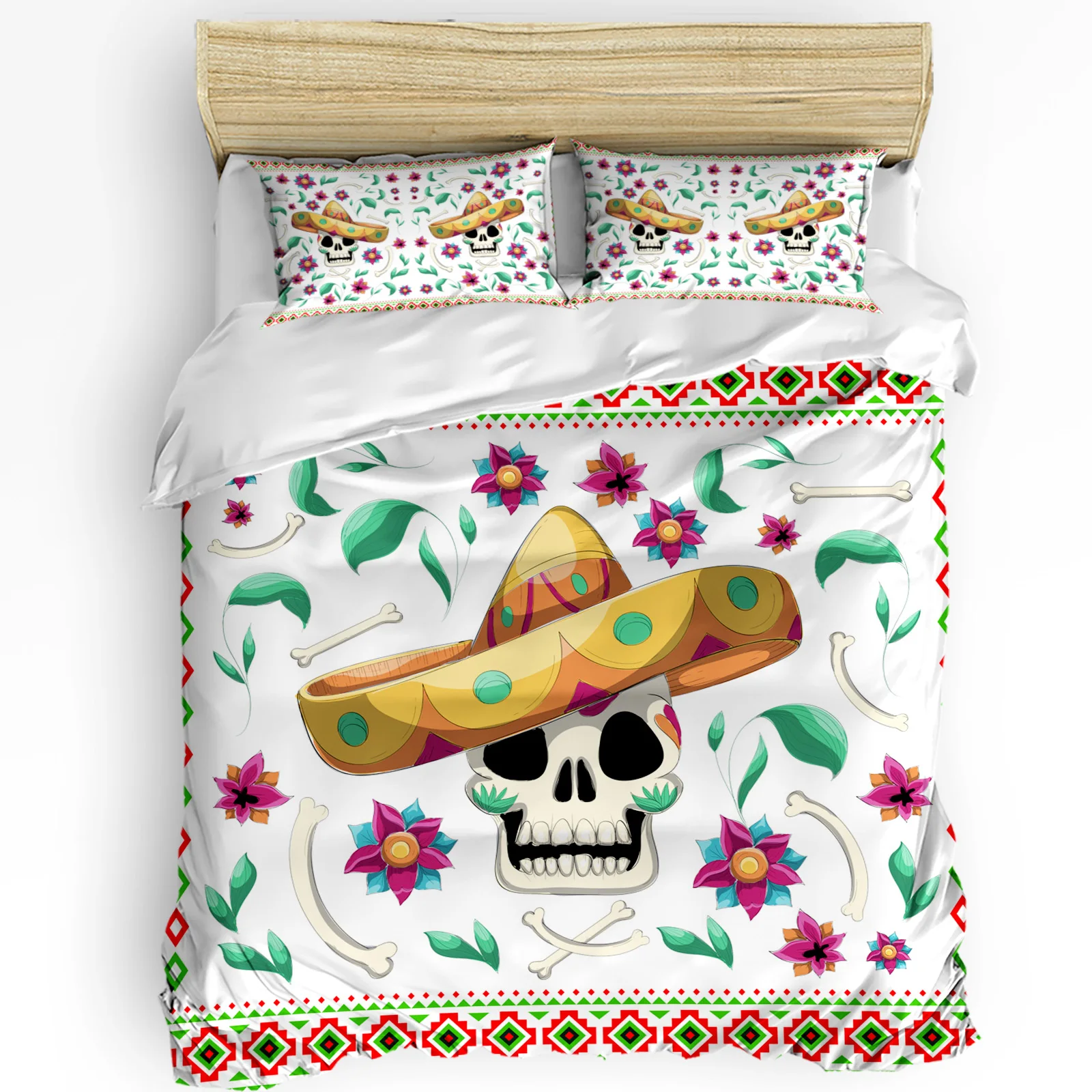 Mexico Skull Straw Hat Flower White Duvet Cover with Pillow Case Custom 3pcs Bedding Set Quilt Double Bed Home Textile