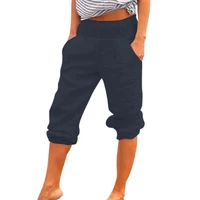 stylish 34 pants pockets summer solid color capri pants trousers cropped pants women capri pants