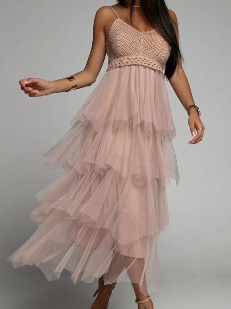 

Women V Neck Sling Slim Long Dresses 2022 Summer Solid Party A-Line Dress Fashion Yarn Mesh Patchwork Lace Layered Cake Dress