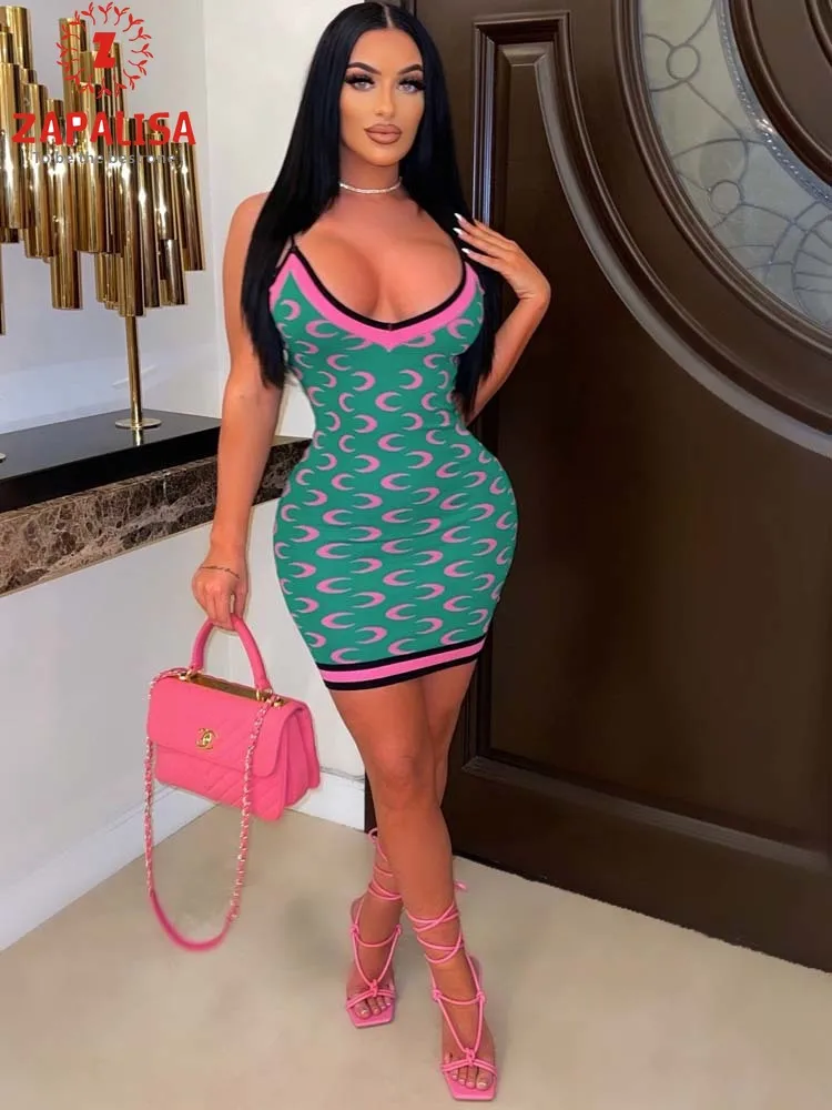 

Sexy Summer Moon Print Pencil Dress for Women Patchwork Design Sling Sleeveless Backless Mid Waist Slim Hips Mini Dress
