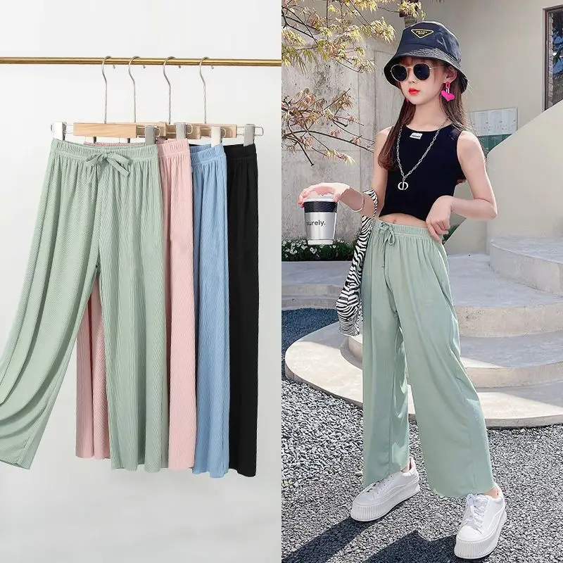 

2023 Girls Summer Ice Silk Western Style Thin Wide-leg Pants Summer New Children's Drape Loose Casual Anti-mosquito Pants K101