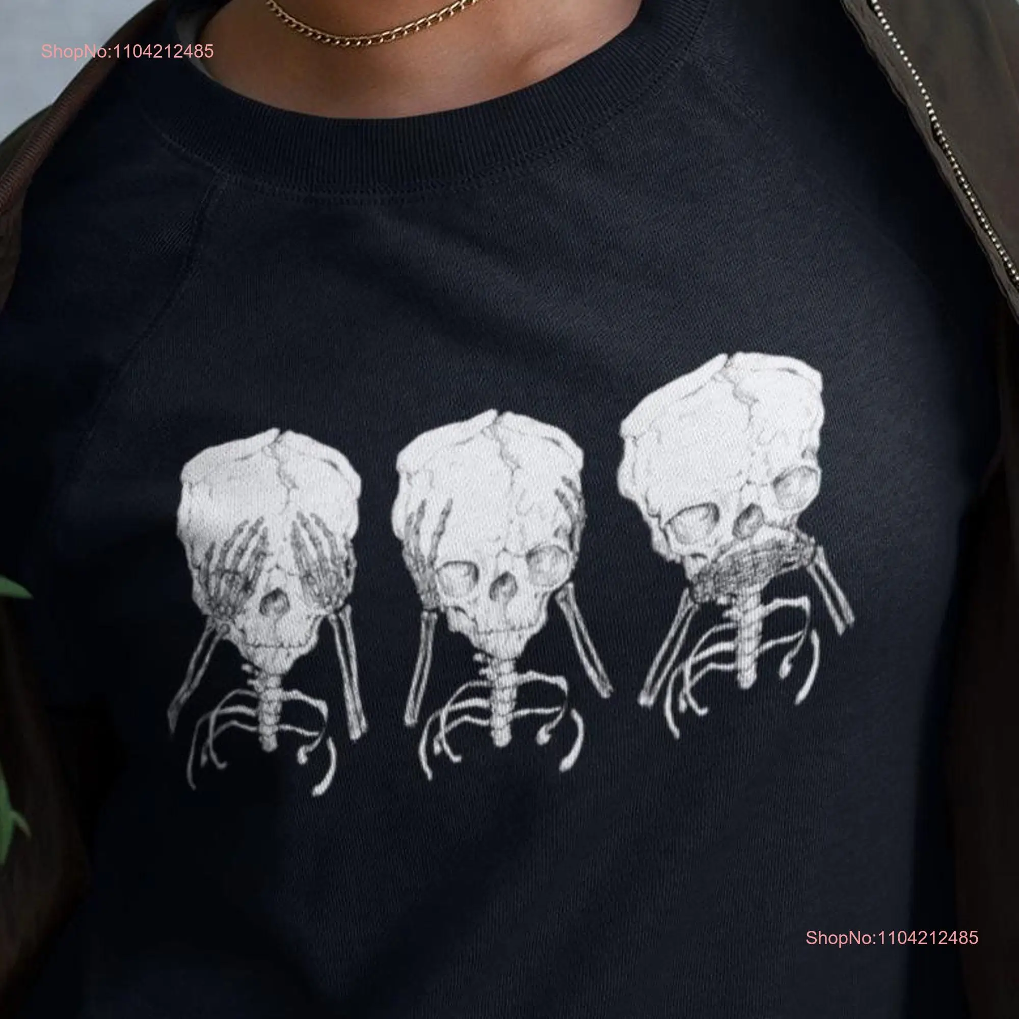 Футболка See No Evil 3 мудреные обезьяны Speak Hear три черепа скелета Хэллоуин длинные или