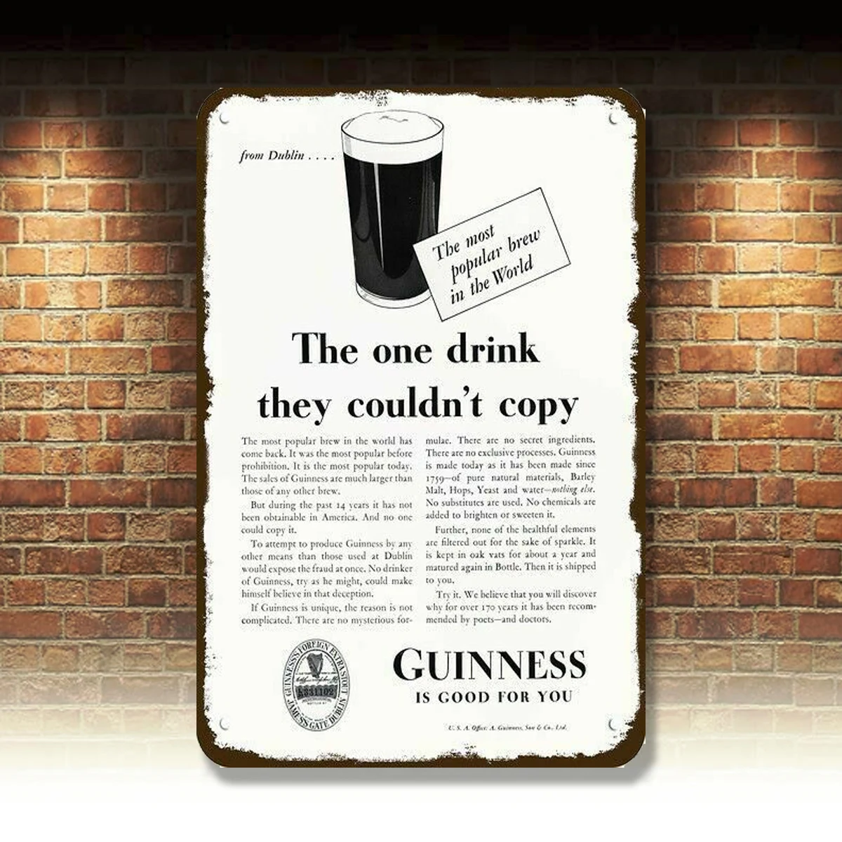 

1934 г., GUINNESS, Дублин, пиво хорошее, 4 u, винтажный, декоративный, Реплика, металлический знак