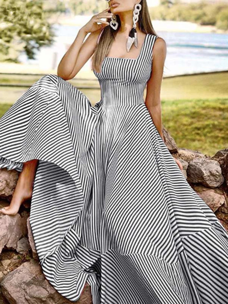 

Summer Sexy Square Collar Slim Waist Dress Elegant Strap Sleeveless Striped Maxi Dress Women Casual Fashion Big Hem Party Dress