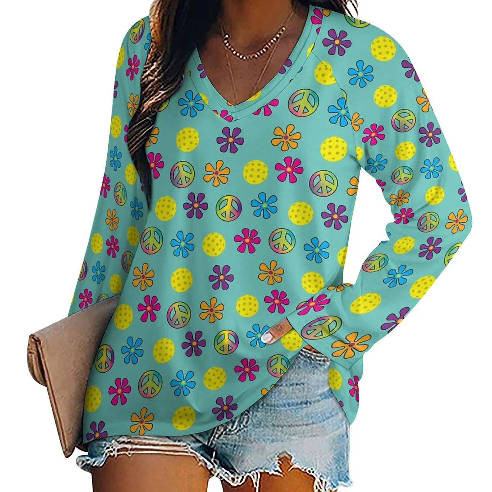 

Peace Love T Shirt Pickleball Print Y2K Long-Sleeve T-Shirts Women V Neck Casual Tee Shirt Oversized Graphic Tops