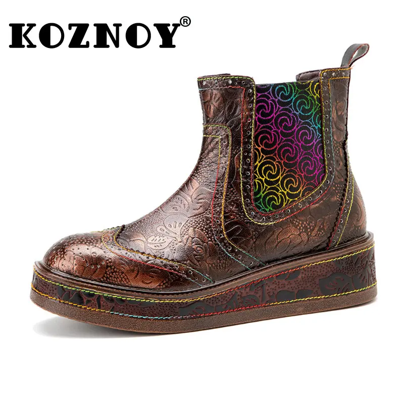 

Koznoy 3cm Women's Sheepskin Leather Wedge Ankle Boots Ethnic ZIP Platform Flats Moccasins Autumn Spring Fashion Embossed Shoes