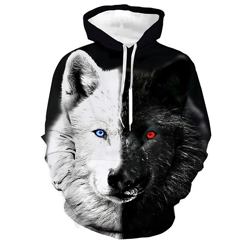

Black and White Wolf Print 3D Men's Hoodies Fashion Animal Pattern Women's Sweatshirts Leisure Essentials Pullover Hoodies