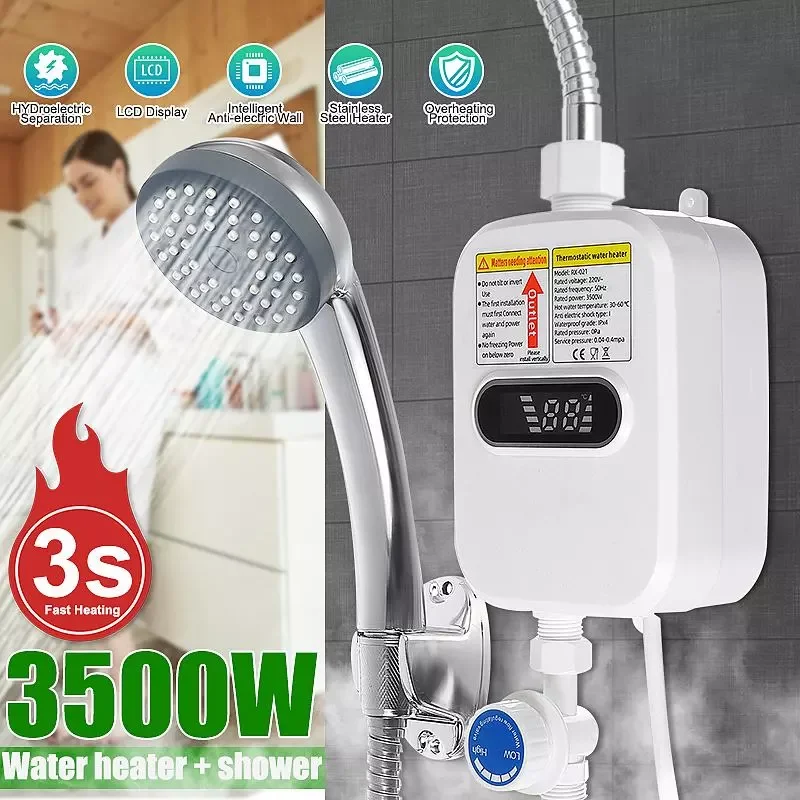 

Instant Water Heater Shower 3500W 110V 220V 3S Heating Bathroom Kitchen Tankless Electric Water Heater Temperature Display