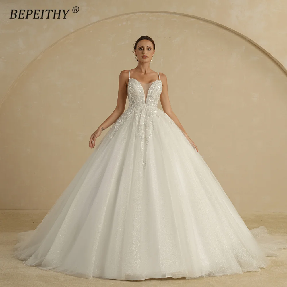 

BEPEITHY Luxury Ivory Wedding Dresses For Women Spaghetti Straps V Neck Court Train Glitter Bride Beading Bridal Ball Gown