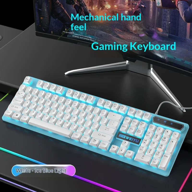 Фото Проводная игровая клавиатура Weiyu с RGB-подсветкой, механическим ощущением при наборе текста, эргономичная, водонепроницаемая, с ковриком для мыши, для ПК, ноутбука, геймеров и офиса №4