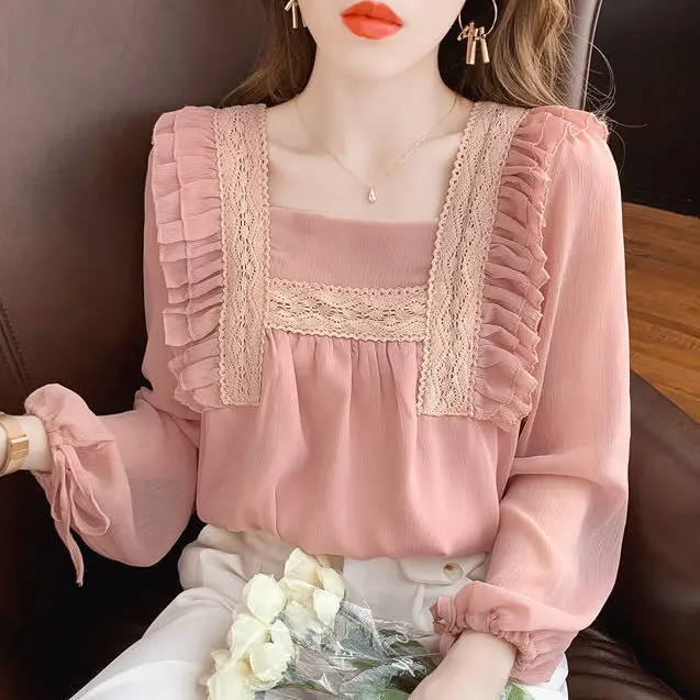 

Short Chiffon Shirt Square Neck Top Puff Sleeve Design Women's Long Sleeve Thin Shirt Womens Lace Ruffles Patchwork Blouses A535