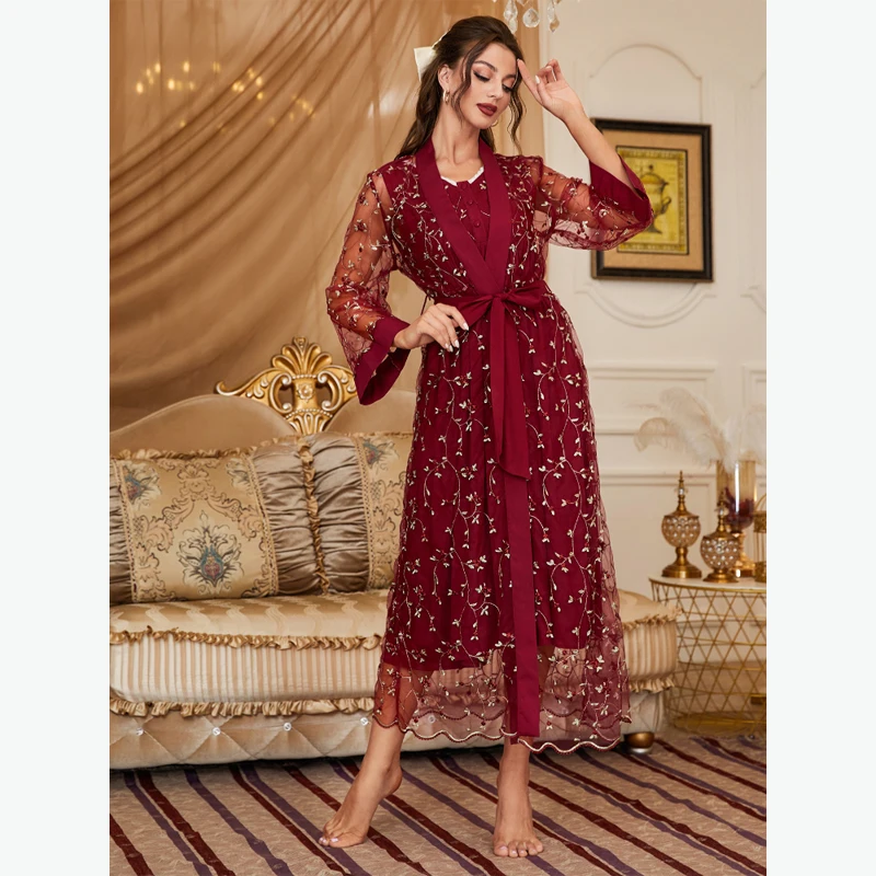 MAYMOLI Luxury Women Sleepwear Wine Red Golden Embroidery Robe & Nightdress Set Comfortable Palace Style Night Dress Homewear