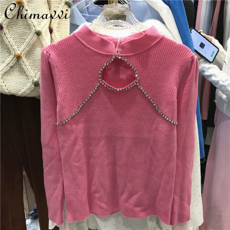 

Hollow Women's Spring New Fashion Half-High Collar New Slim-Fit Long-Sleeved Top Tees Ladies Sweet Elegant Solid Knitted T-shirt