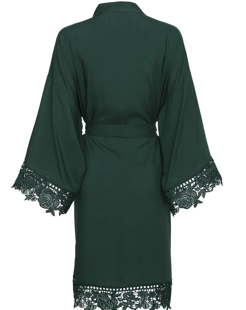 YUXINBRIDAL Dark green Rayon New Solid Cotton Kimono Robes With Lace Trim Women Wedding Bridal Robe Short Belt Bathrobe