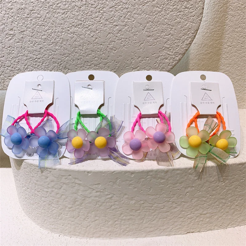 

1 Pair New Korea Fashion Children Ponytail Hair Accessories Sweet Girl Beautiful Colorful Flower Yarn Bow Rubber Band Hair Rope