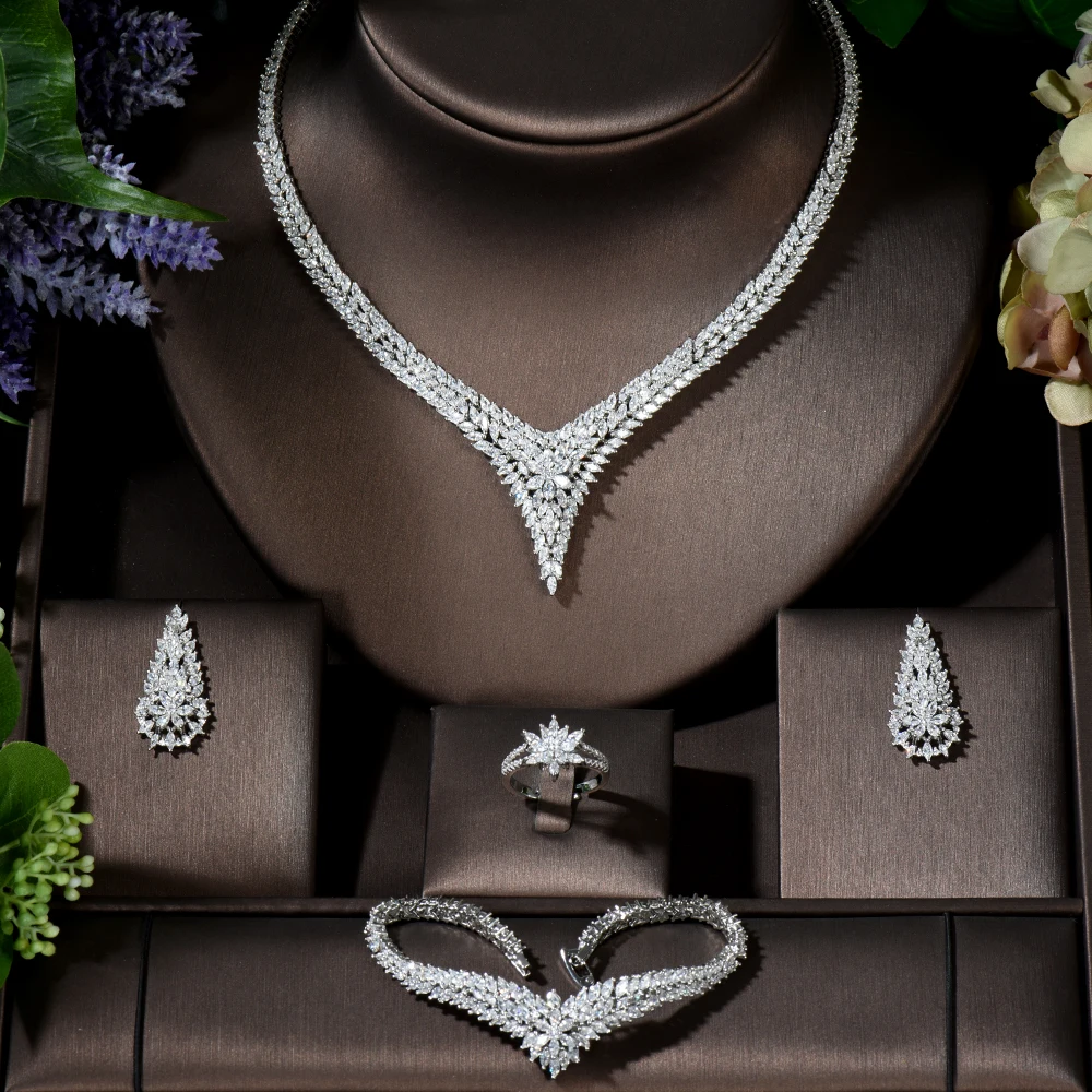 Fashion Sparking Brilliant Cubic Zircon Stud Earring Necklace Heavy Dinner Jewelry Set Wedding Bridal Jewelry Sets Bijoux N-809