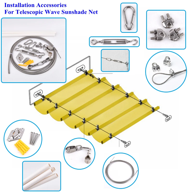 Installation Accessories For Telescopic Wave Sunshade Net Stainless Steel Pulley Spring Buckle Wire Rope Outdoor Awning Fittings