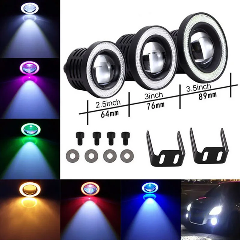 

1Set Angel Eyes Fog Lamp 2.5" 3.0" 3.5" 64mm 76mm 89mm 12V Universal COB LED DRL Driving Lights white blue pink yellow green red