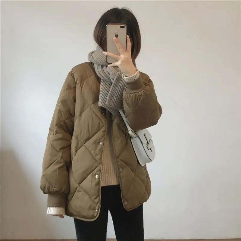 Korean Fashion Commuter Crewneck Cotton Parka Women's Short Parka's Diamond Lattice Brown  Collarless Jacket for Autumn  Winter
