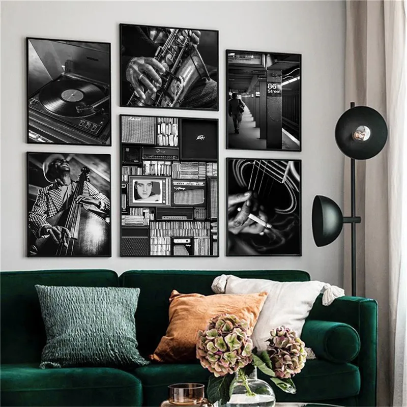 

Винтажная фигурка музыкальных инструментов, черно-белая печать, художественный плакат на холсте для гостиной, Декор, домашняя Настенная ка...