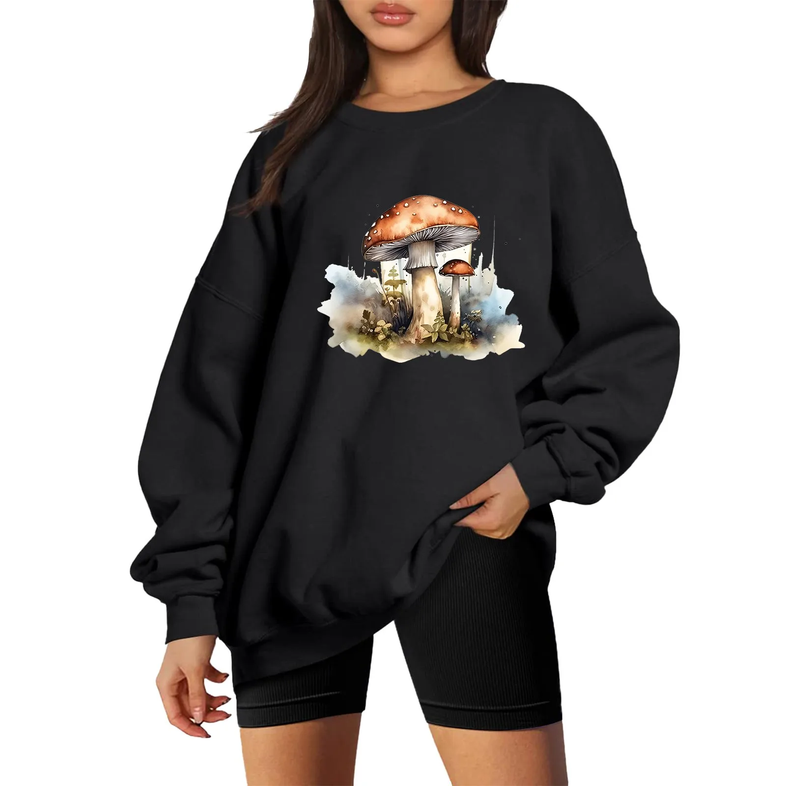 

Свитшот женский оверсайз с круглым вырезом, Повседневный пуловер с капюшоном, одежда с длинным рукавом, однотонная одежда для дам, Осень-зима