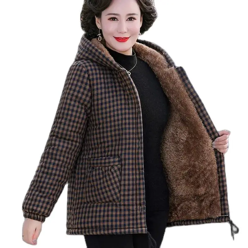 

2022 Winter Coat Middle-aged Women Cotton-padded Jacket Thicken Fleece Fluff Fur Liner Overcoat Female Hooded Short Warm Coats