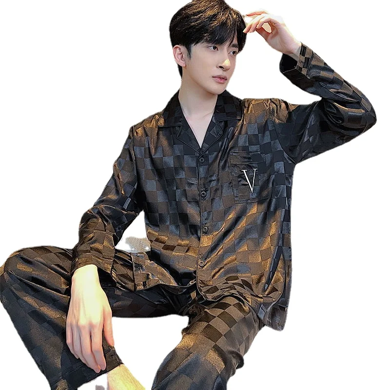 Ice silk pajamas men's new spring and autumn long-sleeved trousers men's thin loose large size youth home wear suit