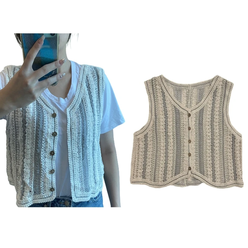 

Women Crochet Vest Waistcoat Knit Striped V-Neck Button Up Sleeveless Cardigan