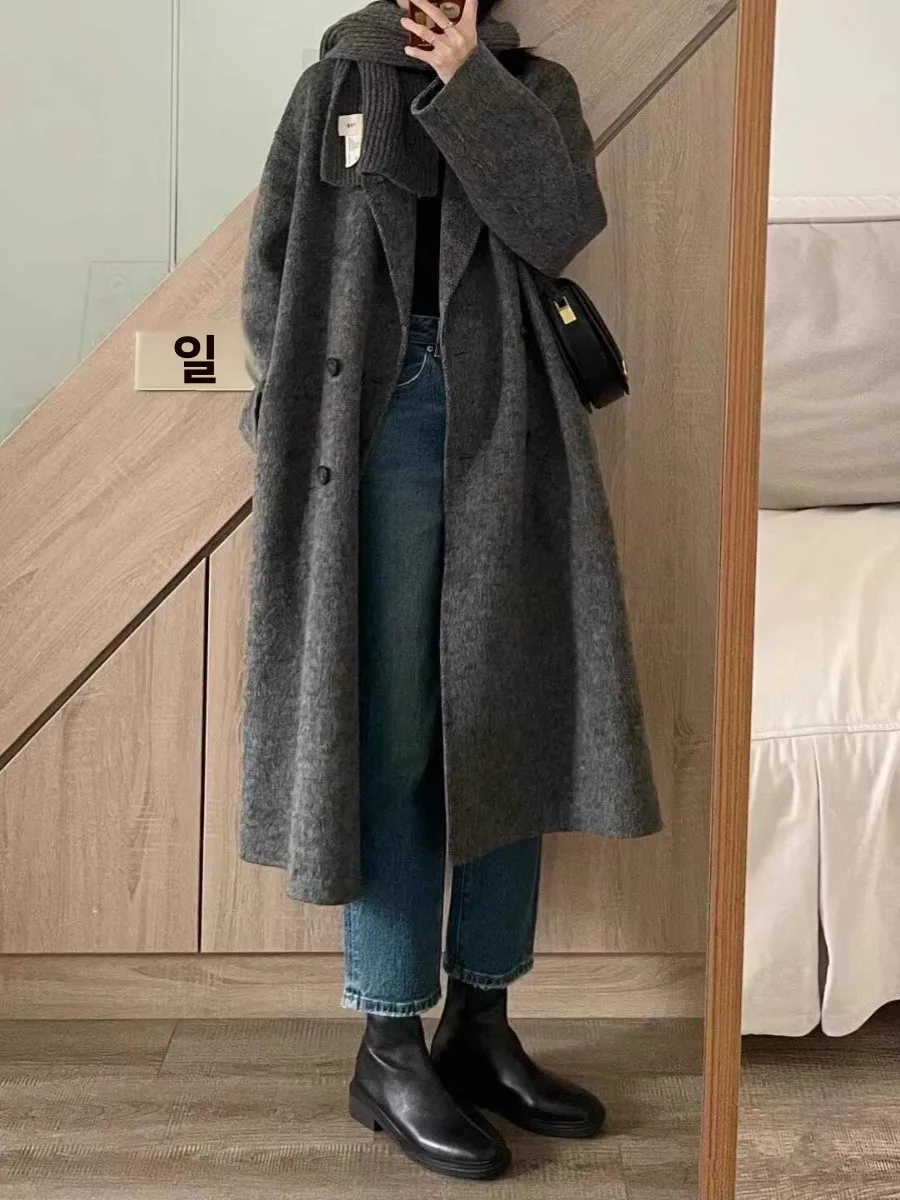 Осень-зима 2024 новое серое двустороннее кашемировое пальто женское свободное