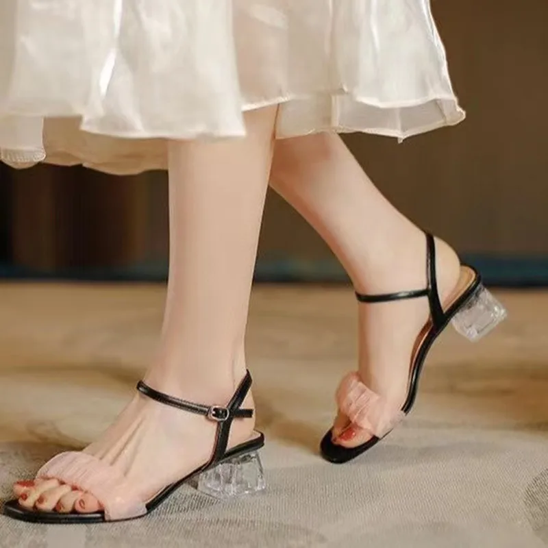 

2022 Summer New Plus Size Women Sandals One-line Pleated Sweet Heels Women Buckle Transparent Heel Sandals Sandalias De Tacon