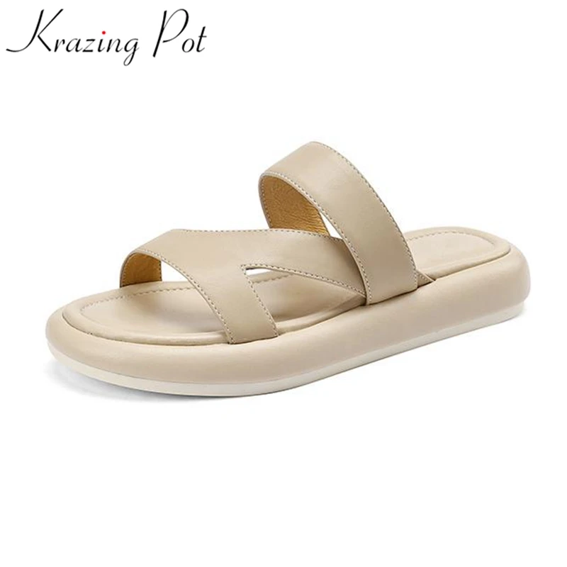 

Krazing Pot Cow Leather Concise Leisure Summer Peep Toe Low Heels Young Lady Daily Wear Slip on Flat Platform Outside Slippers