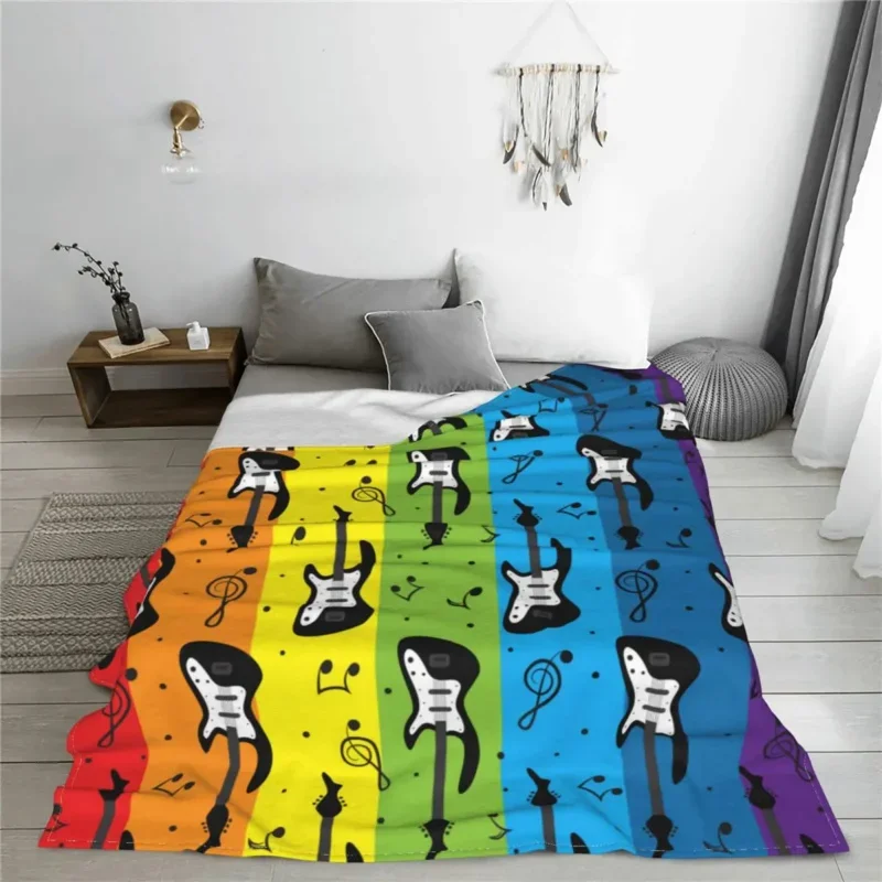 

Colorful Guitar Rock Star Music Flannel Print Multi-Function Lightweight Throw Blanket For Sofa Travel Bedspreads