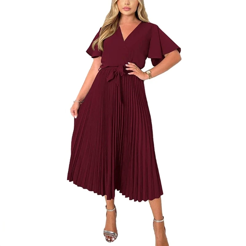 

Женское Плиссированное Платье-миди M2EA с оборками, коротким рукавом, V-образным вырезом и завязкой на талии, летнее однотонное Повседневное платье