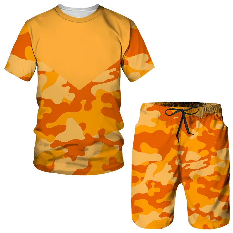 

Summer Men Tracksuit Camouflage Patchwork O-neck T-shirt and Shorts 2 Pieces Set Fashion Casual Streetwear Male Suit