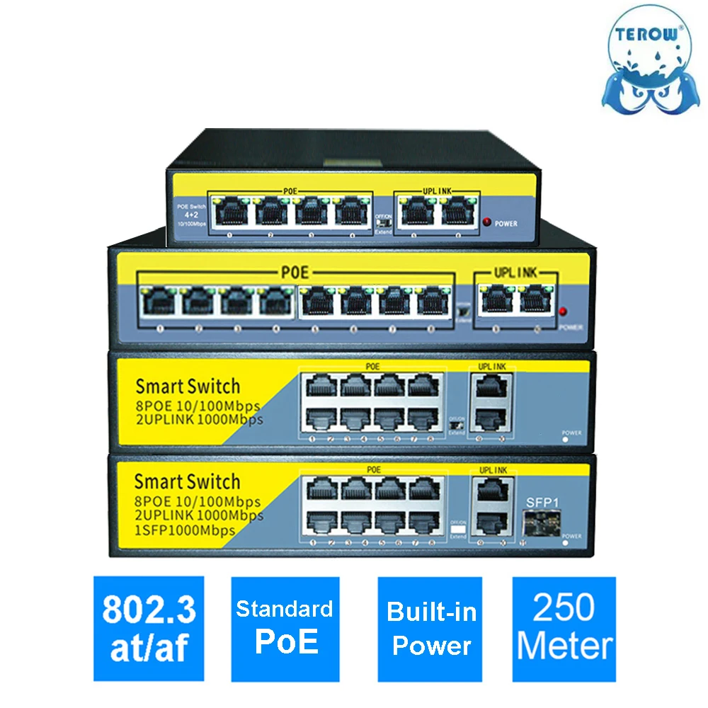 TEROW POE Ethernet Gigabit Switch 4/6/8 Port Standard POE 100/1000Mbps For IP Camera 250m Lightning Protection with Uplink/SFP