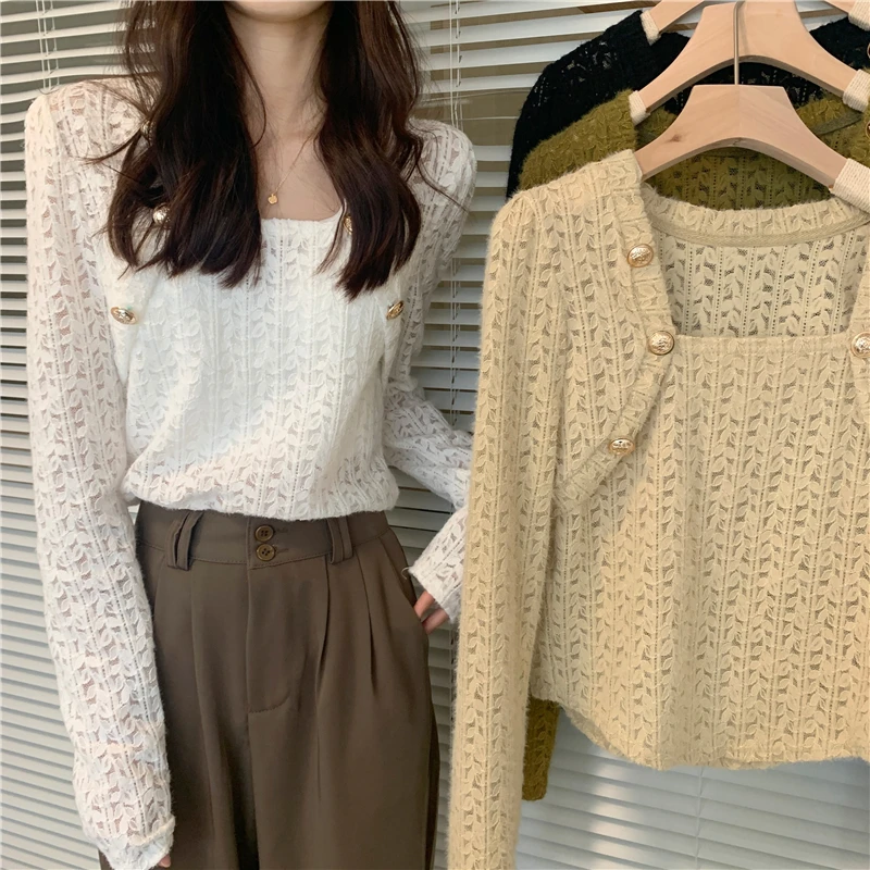 

4 Colors Elegant Women Vintage Lace Blouse Long Sleeve Square Collar Floral Hollow Out Lace Shirt Women Crop Top 2022