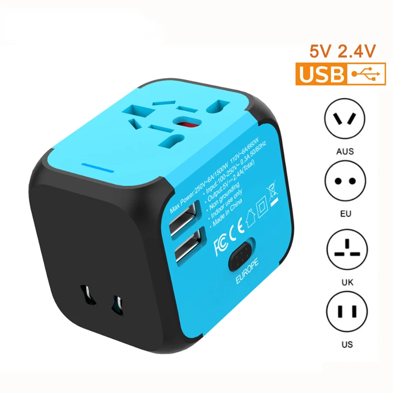 

1pcs International Universal Travel Adapter UK EU AU US Plug AC 100-250V 2 USB Port Charger Wall Electric Plugs Sockets 5V 2.4A