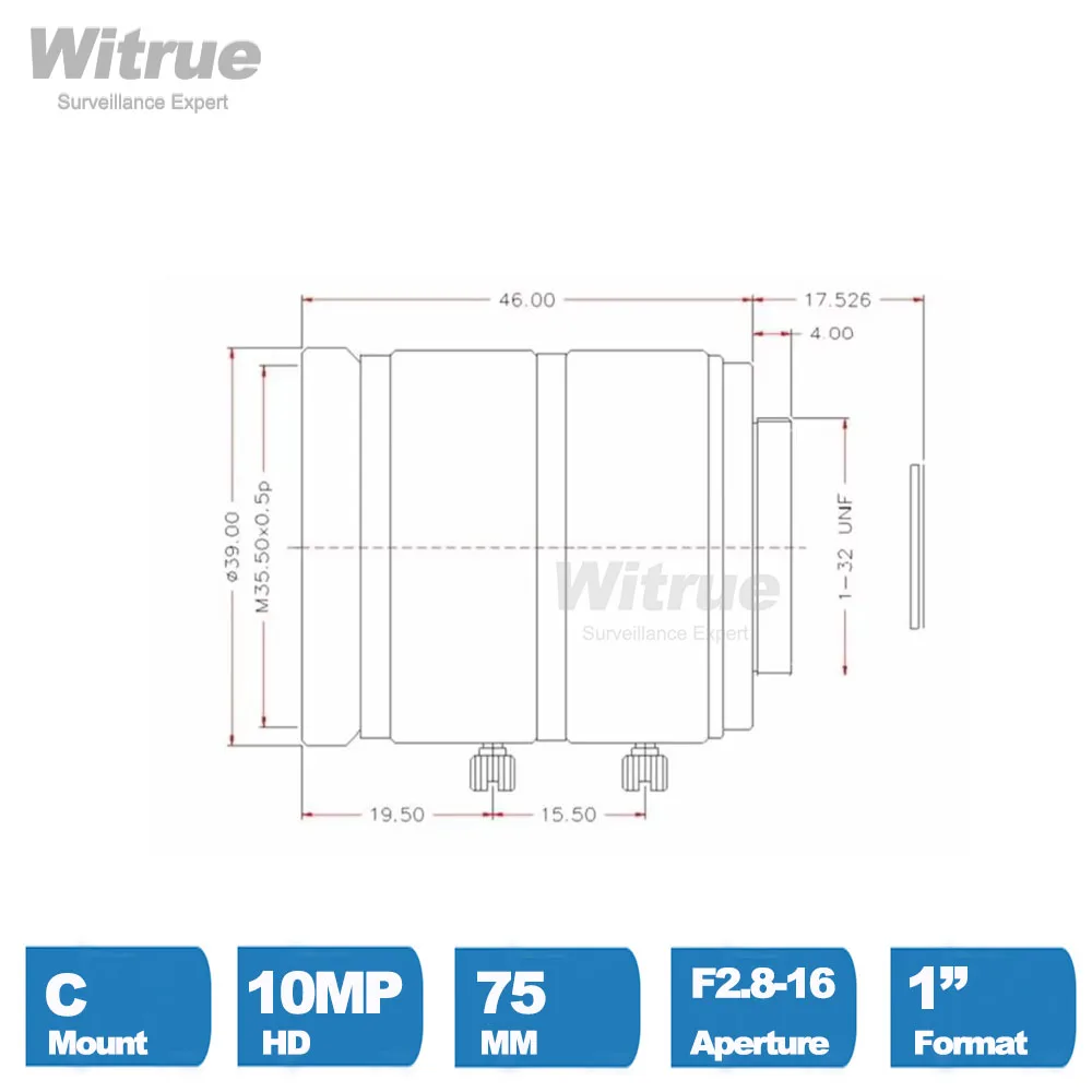 Witrue HD 4K 10MP объектив с креплением C, 75 мм, большая дальность обзора, F2.8-16, 1 для камер видеонаблюдения (art.: 3920dcf938d38) - 3920dcf938d38