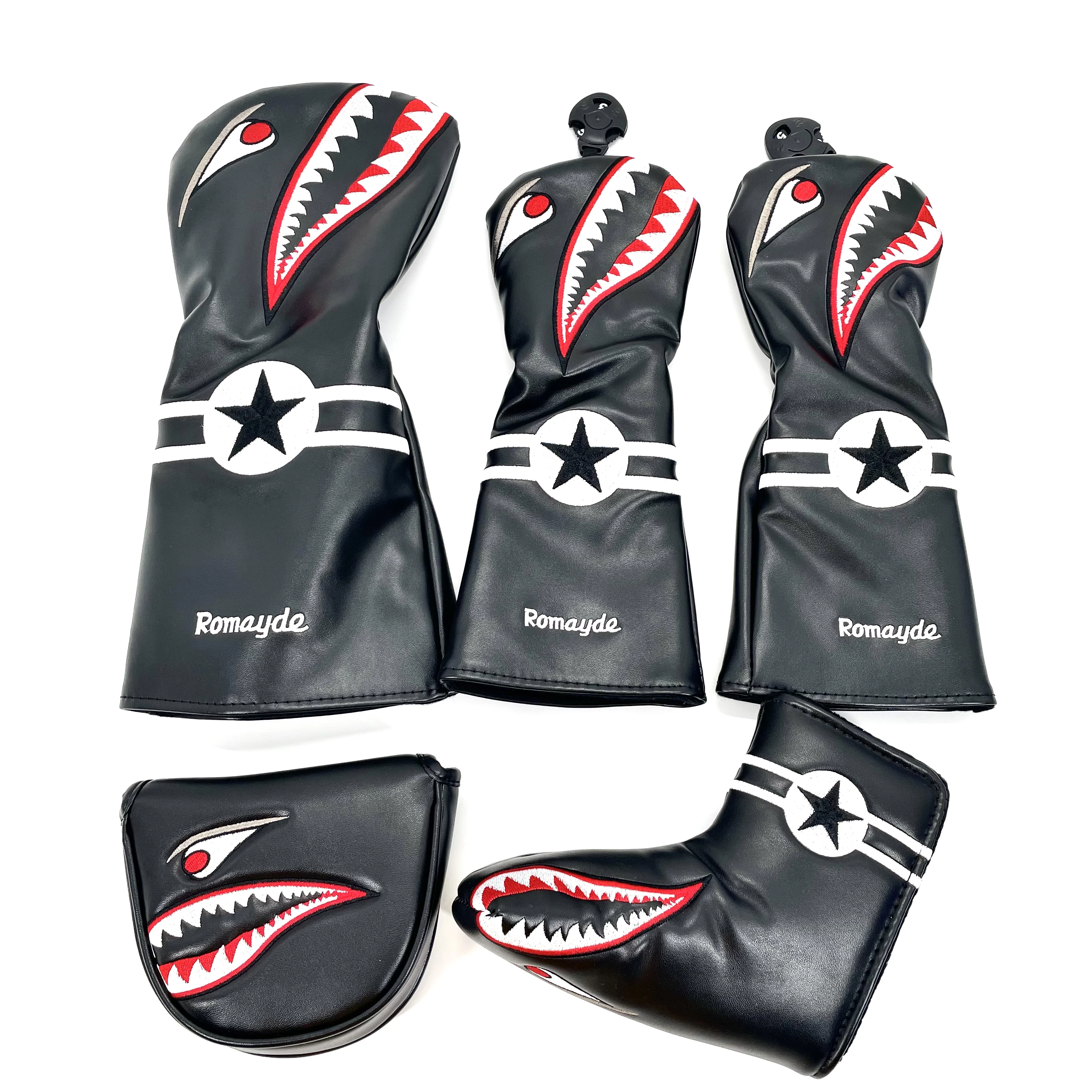 Pu Leather Wood Head Cover Golf Driver Fairway Wood Hybrid Head Covers Shark Cartoon Pattern Golf Club Protective Sleeve