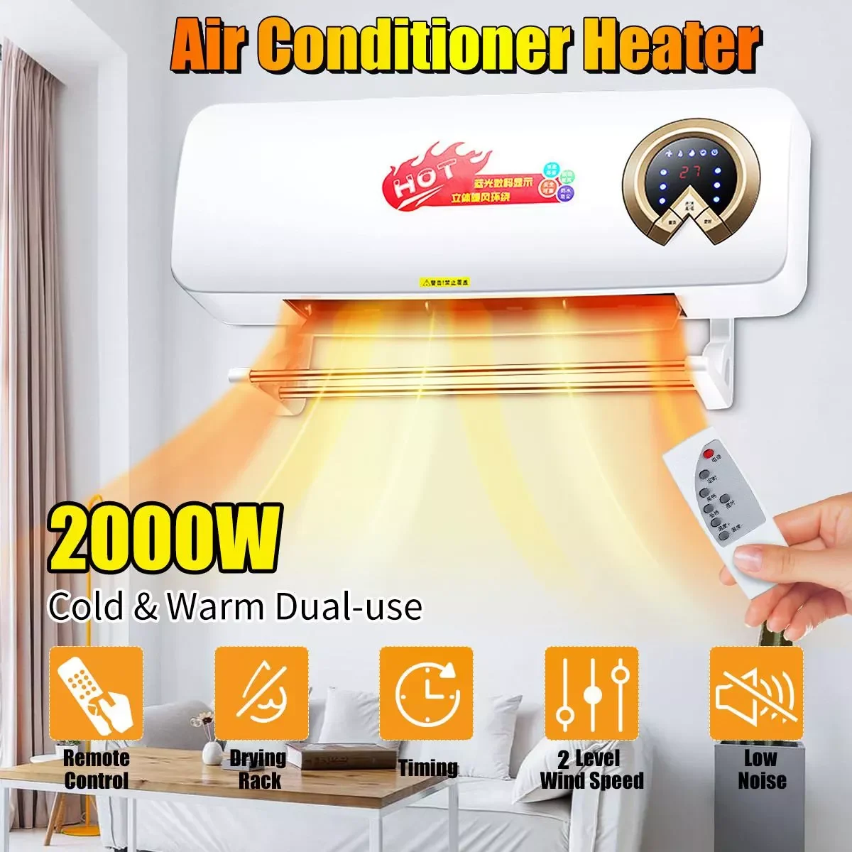 

RU Stock 220V Heating Air Conditioner Clothing Dryer Wall Desktop 2 Install Method LED Touch Screen Electric Air Heater 2000W
